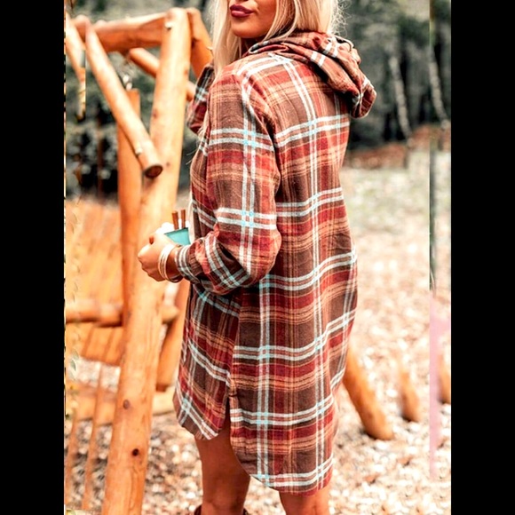 Hooded Flannel Plaid Loose V-Neck Few Buttons 🦘Pocket Drawstring Pullover Shirt - Picture 4 of 12